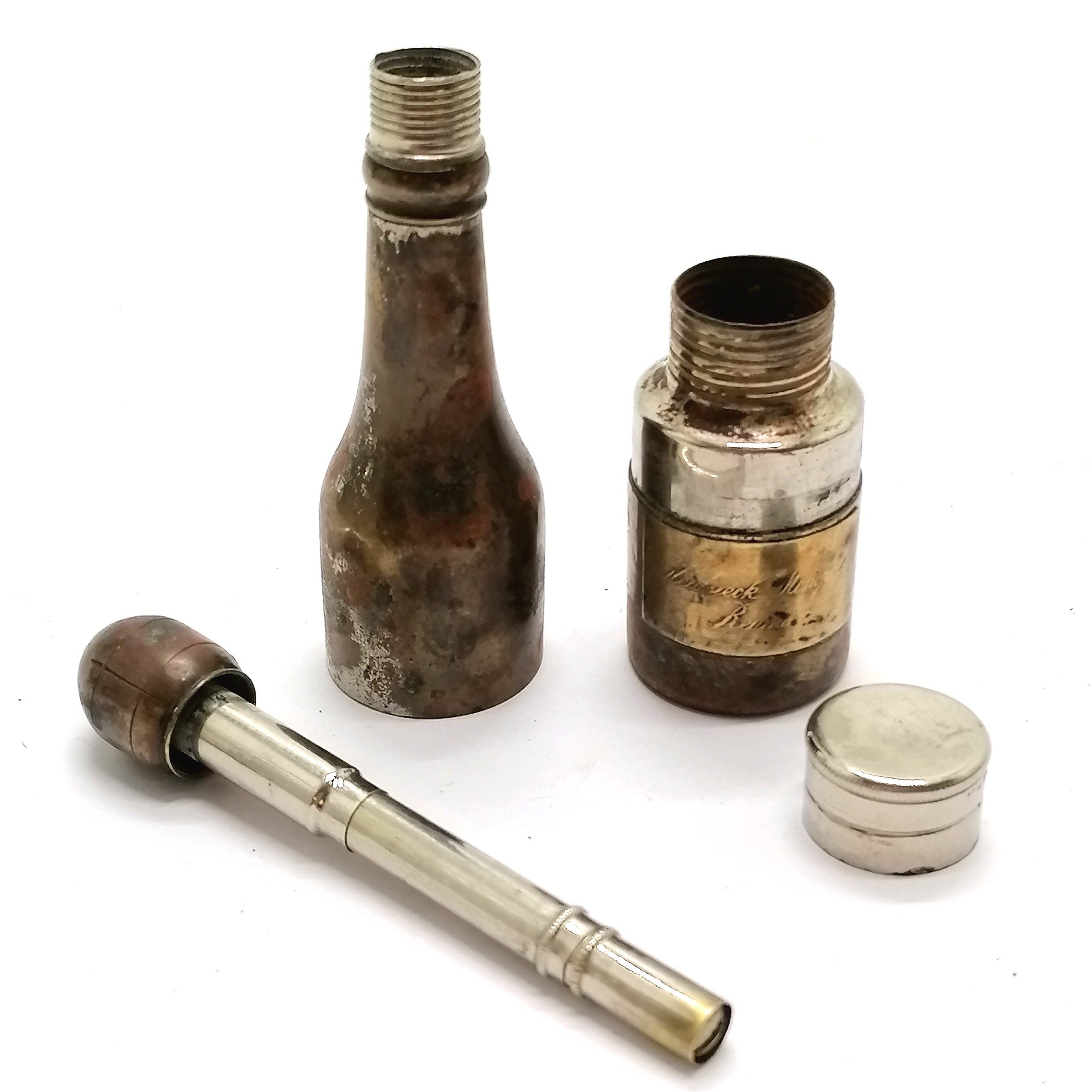 Victorian champagne bottle travelling inkwell with dip pen - 10.5cm high & has brass plaque '