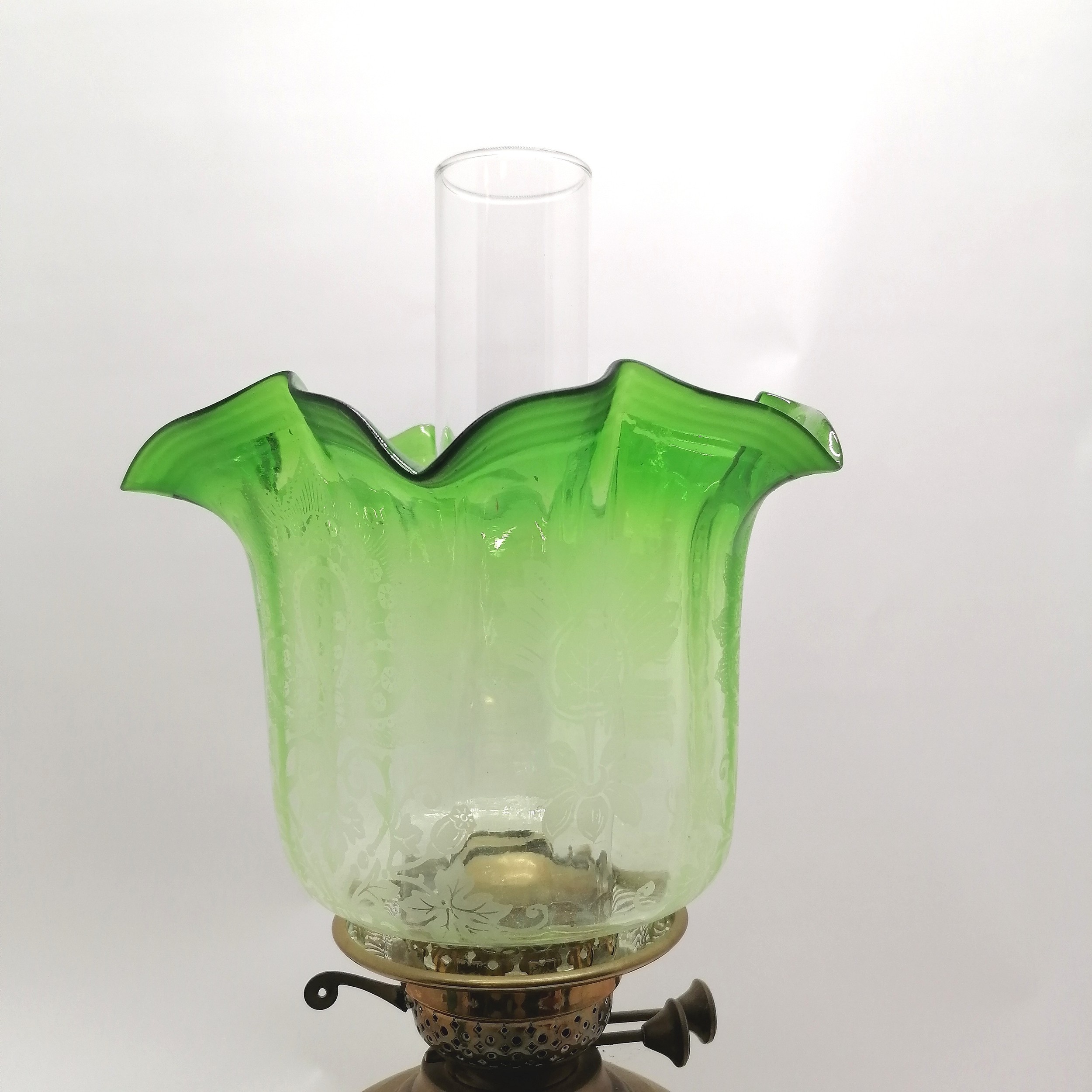 Antique brass oil lamp with twin burner & acid etched green shade - 56cm total height ~ slight dents - Image 3 of 3