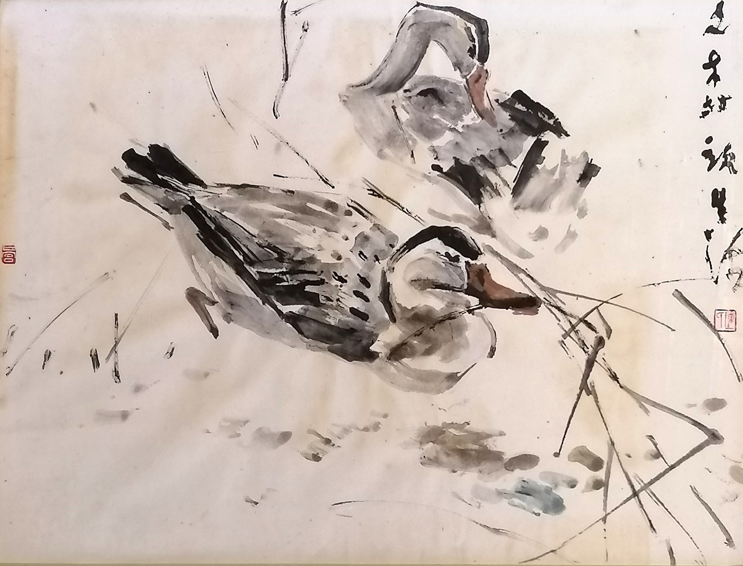 Oriental watercolour of pair of ducks ~ frame 68cm x 64cm