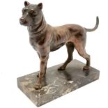 Antique spelter figure of a dog on a marble base - 16.5cm high and base 15cm x 8cm ~ no obvious