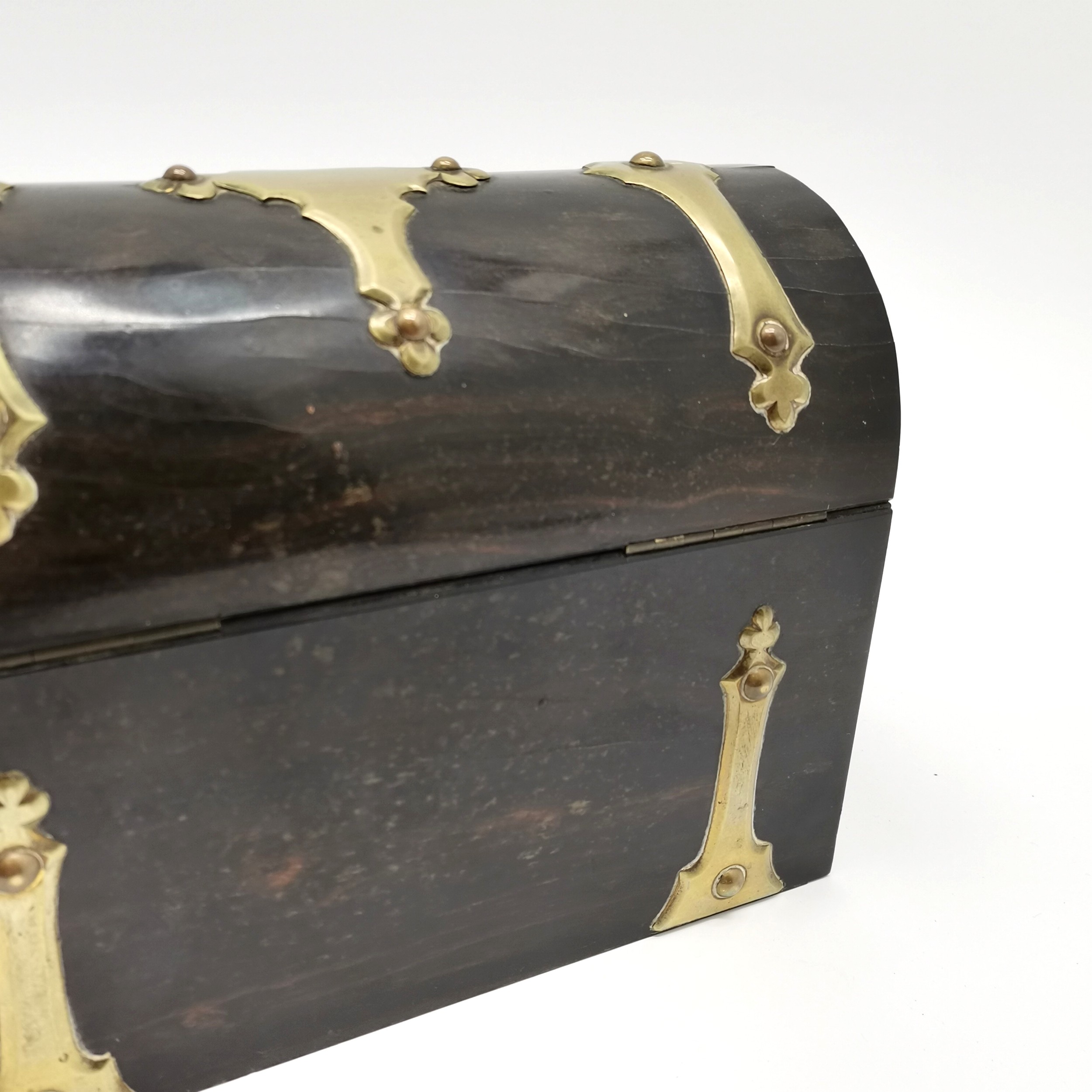 Antique coromandel wooden domed lidded stationery box with brass mounts - 22cm across x 16cm high - Image 3 of 5