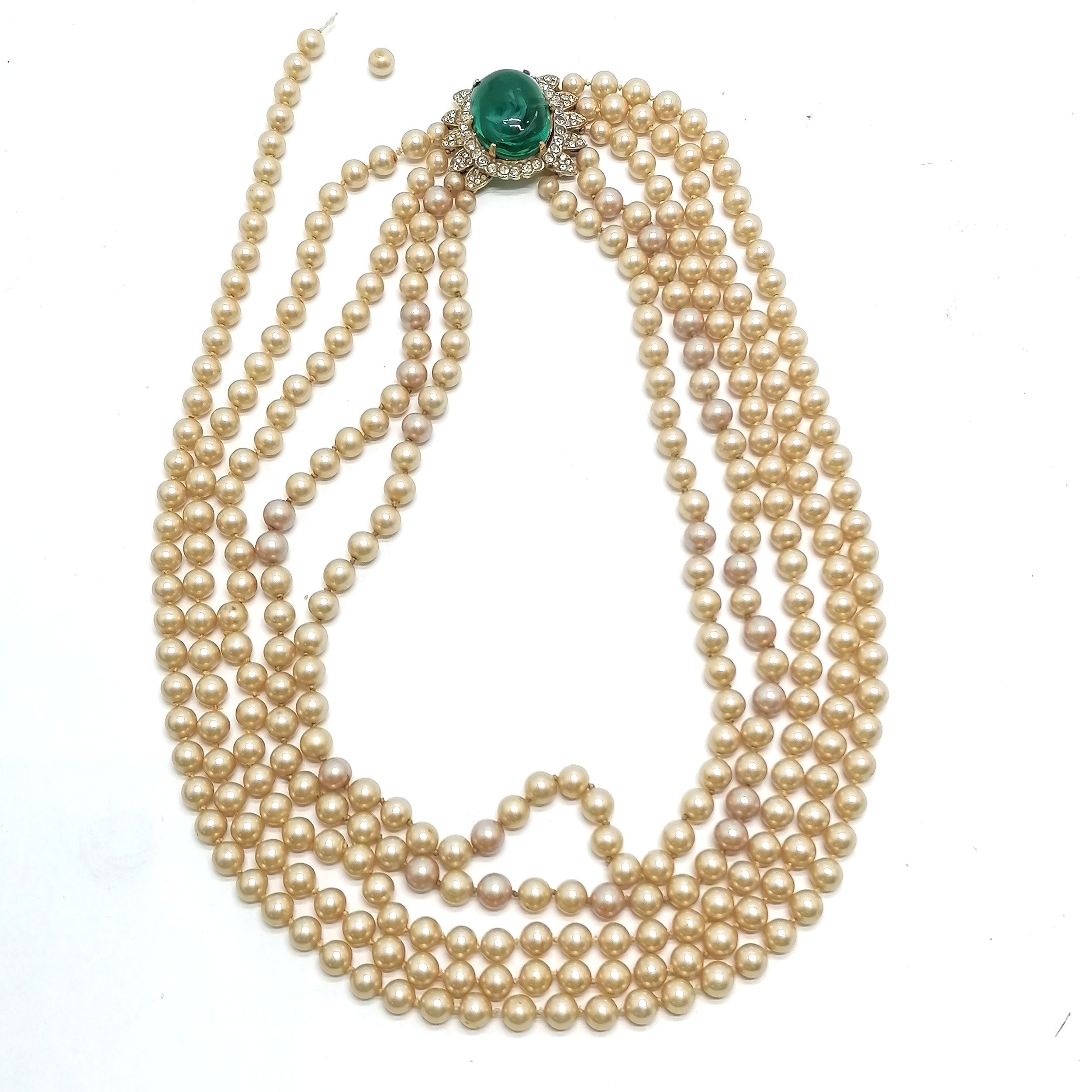 Impressive 5 strand faux pearl necklace with large green and white paste clasp - 68cm long &