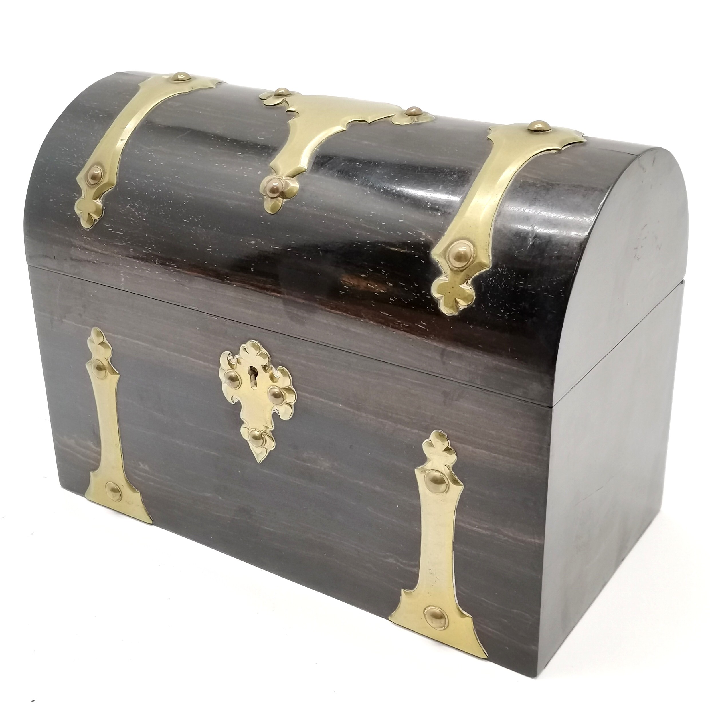 Antique coromandel wooden domed lidded stationery box with brass mounts - 22cm across x 16cm high - Image 5 of 5