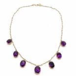 Antique unmarked gold seed pearl / amethyst stone set necklace - 39cm & 9.9g total weight in an