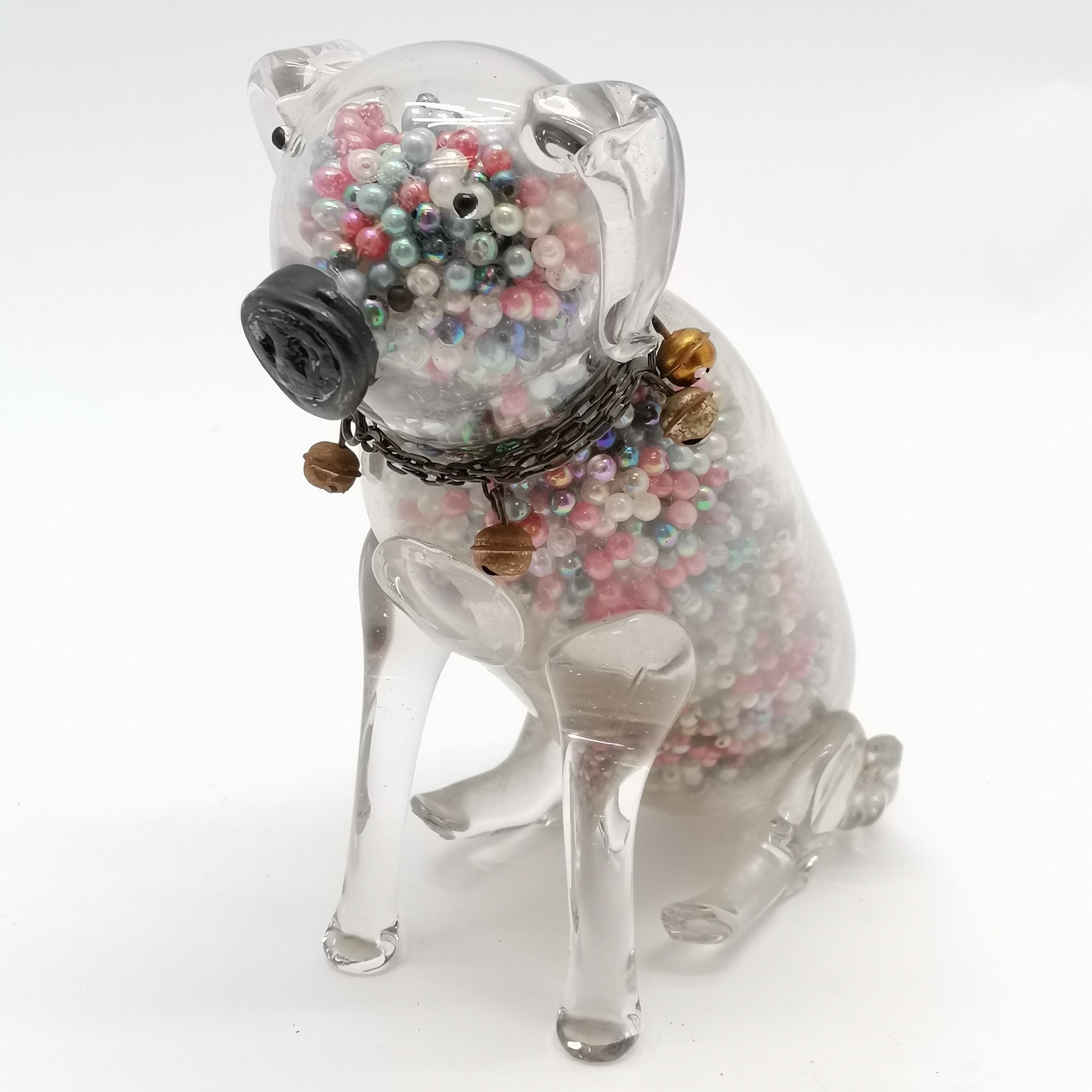 Unusual novelty glass dog figure filled with beads & has a metal chain collar with bells - 18.5cm