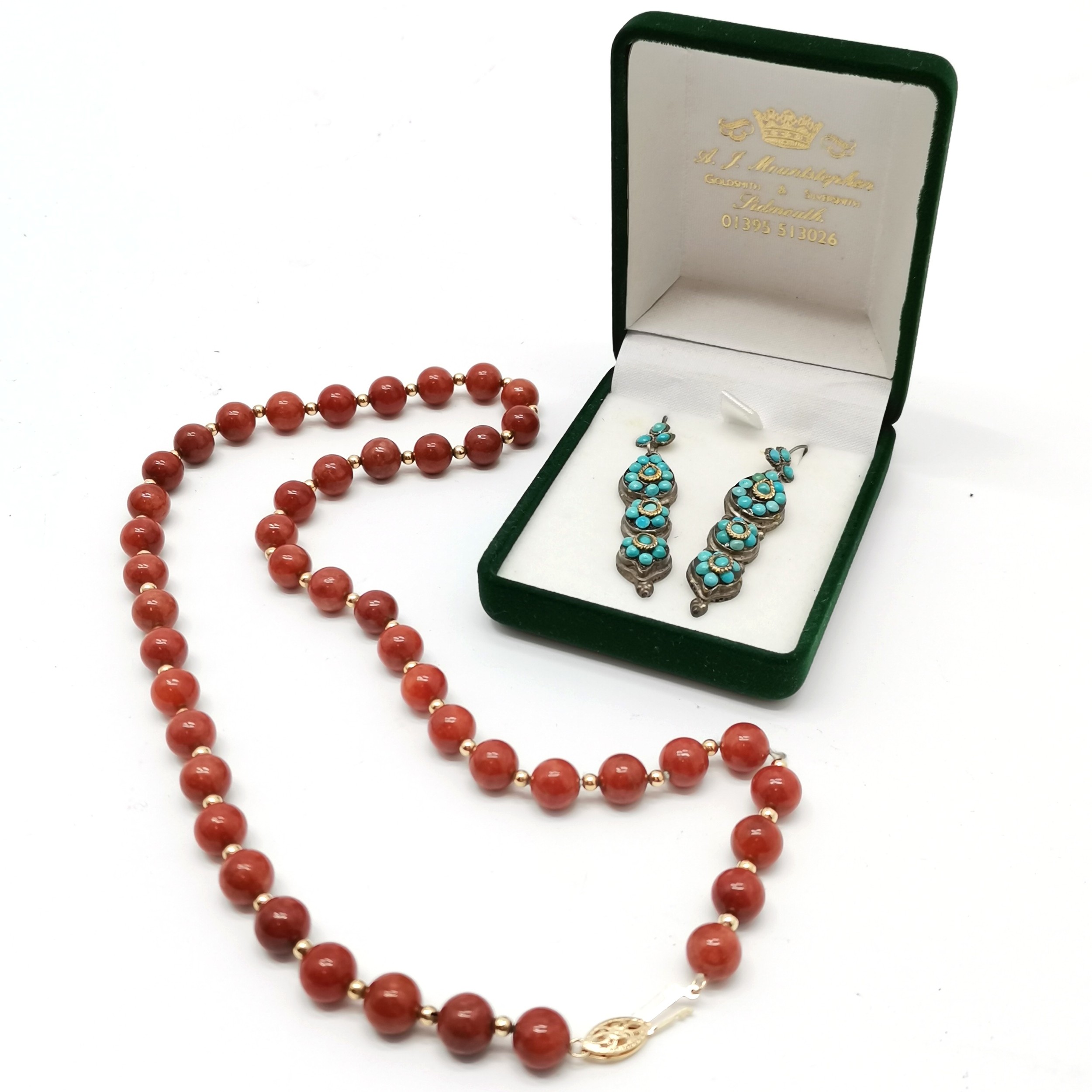 Pair of 925 silver turquoise stone set earrings (5.5cm) t/w Strand of hardstone beads with 14ct