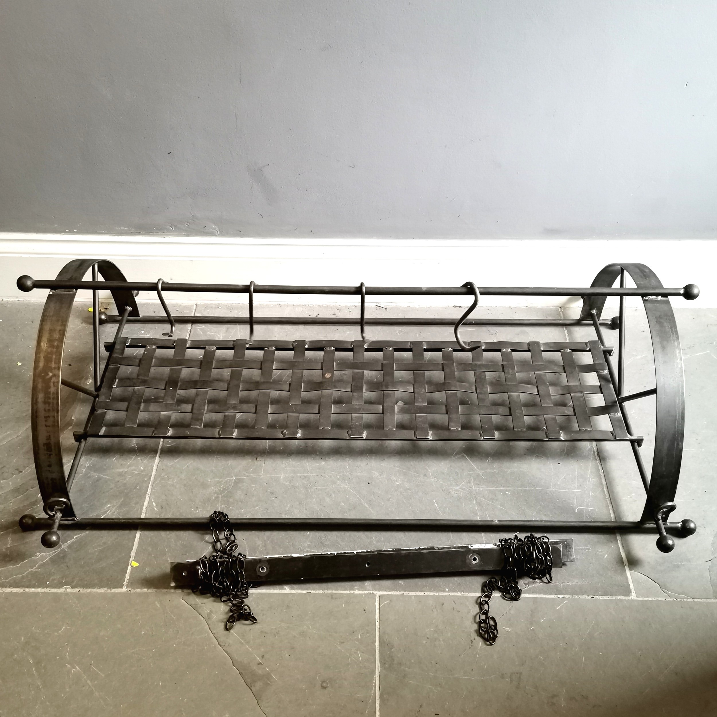 Vintage Hand forged iron Kitchen ceiling rack with sliding pan shelf, ceiling mounting brackets,