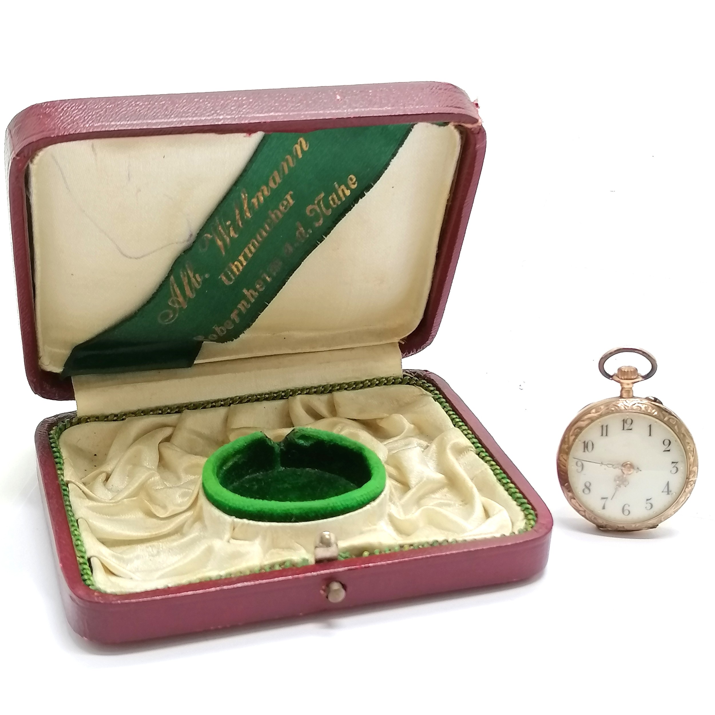 Antique unmarked gold outer cased fob watch - 28mm case in original antique retail box for Alb - Image 2 of 7