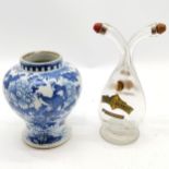 Antique Chinese blue & white decorated pot with bird / flower detail (16cm high) - has chip to rim &