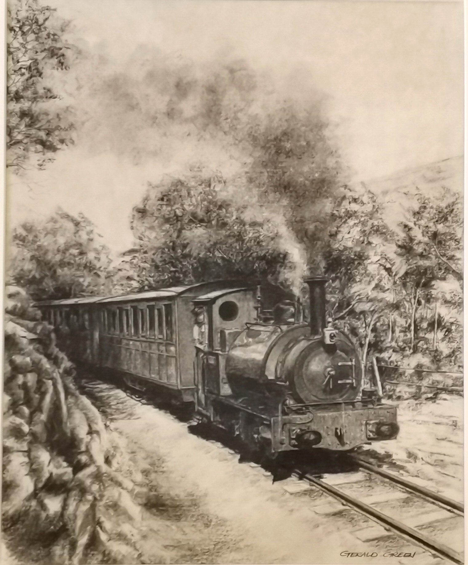 Gerald Green pastel drawing of Engine No.3 'Sir Haydn' approaching Nant Gwernol - frame 50cm x 43cm - Image 2 of 4