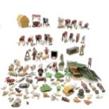 Qty of lead farm animals & figures t/w hayrick, wishing well, beehive, rabbit hutch, fence panels