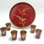 Oriental red lacquer circular tray (27.5cm) with set of 6 matching beakers depicting asian bird