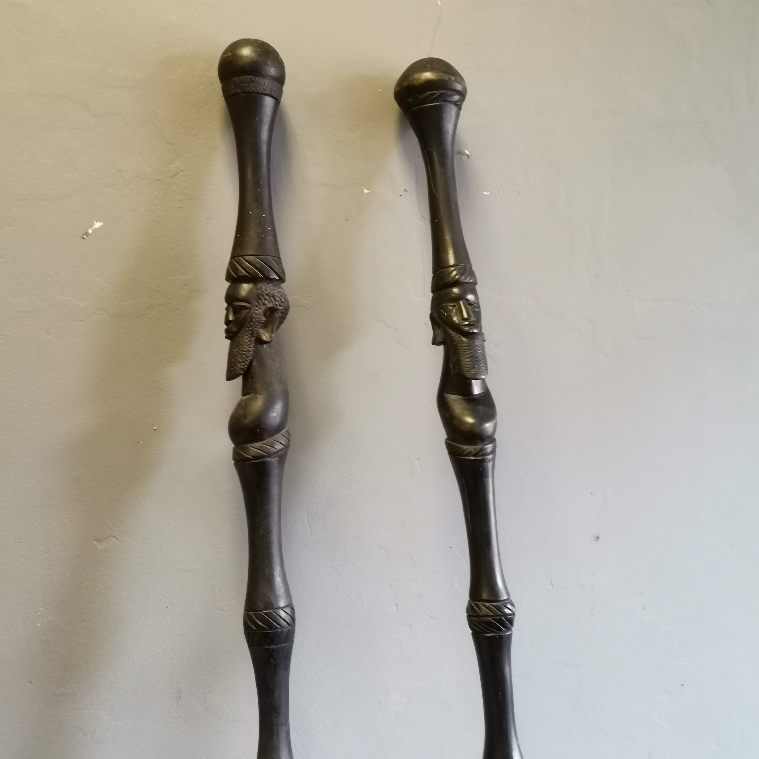 2 African Tribal hardwood carved walking sticks/staffs decorated with carved heads and decoration, - Image 2 of 3