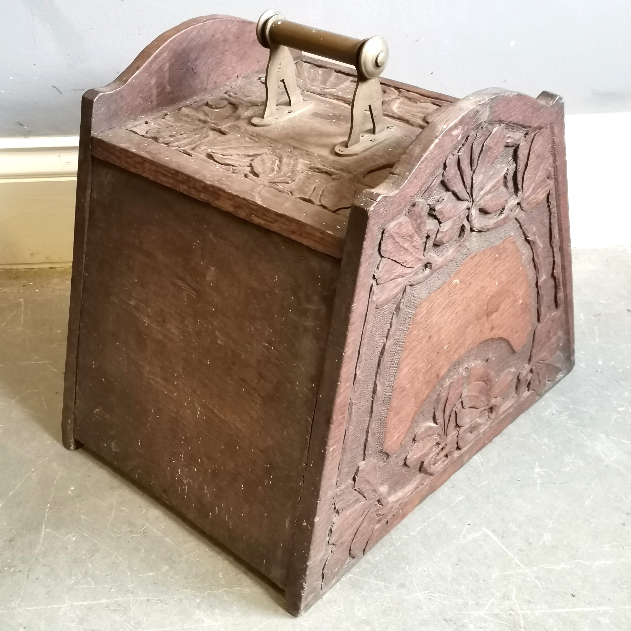 Hand carved Art Nouveau oak coalbox with brass handle to top - 38cm high x 45cm x 34cm t/w barrel - Image 3 of 5