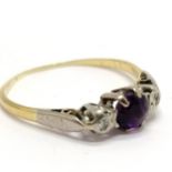 Gold (marks rubbed) ring amethyst / diamond set ring - size S & 2g total weight ~ shank very worn