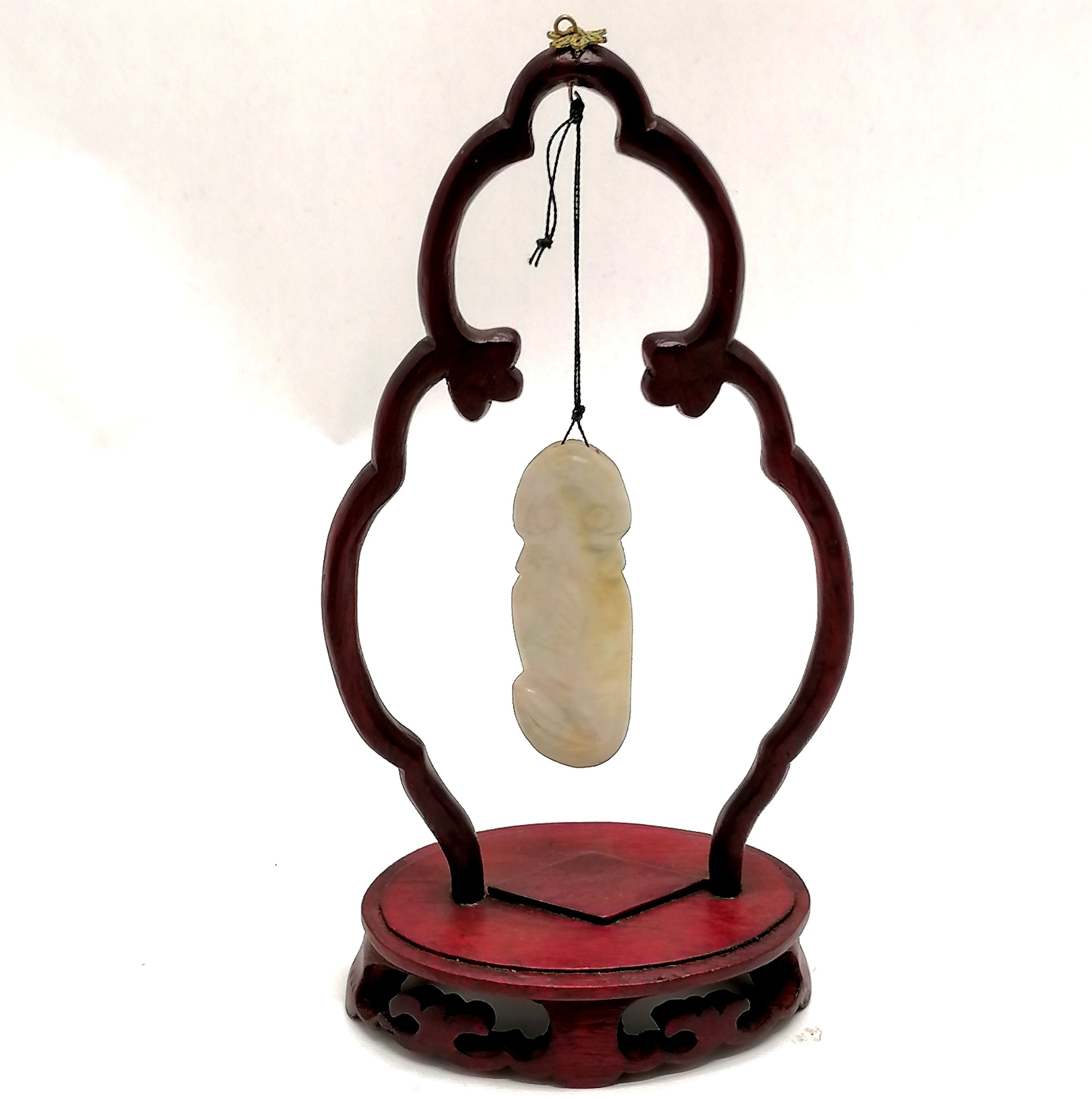 Hardstone carved jade phallus suspended on a stand - 19cm high t/w antique jade cup (a/f) etc - Image 6 of 7
