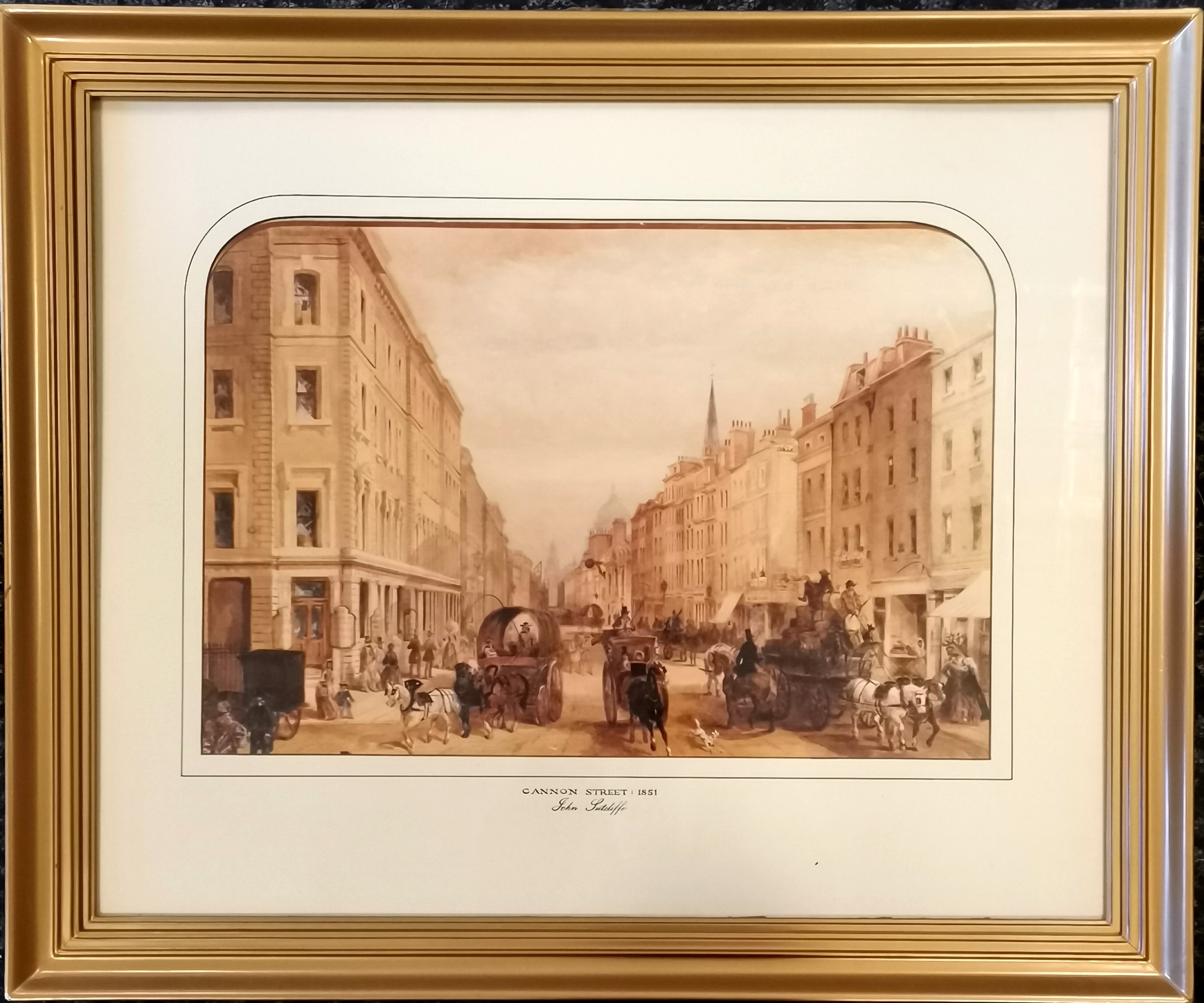 Framed John Sutcliffe print of Cannon Street 1851 85cm x 70cm - the print has slipped slightly in