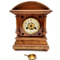 Antique walnut cased mantel clock with porcelain dial and 14 day strike 33cm high x 26cm wide -