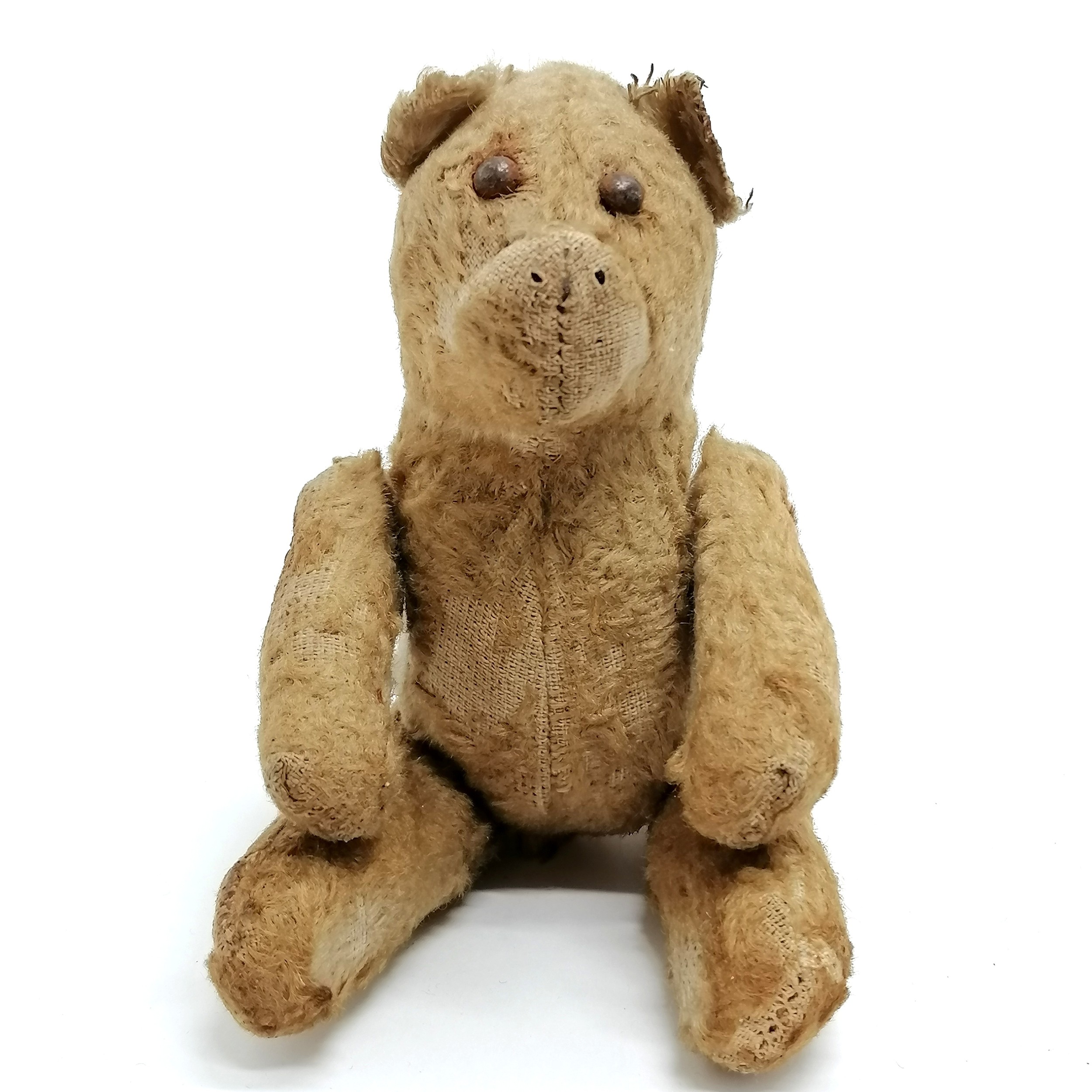 Antique jointed miniature mohair bear with metal button eyes - 13cm tall - in loveworn condition