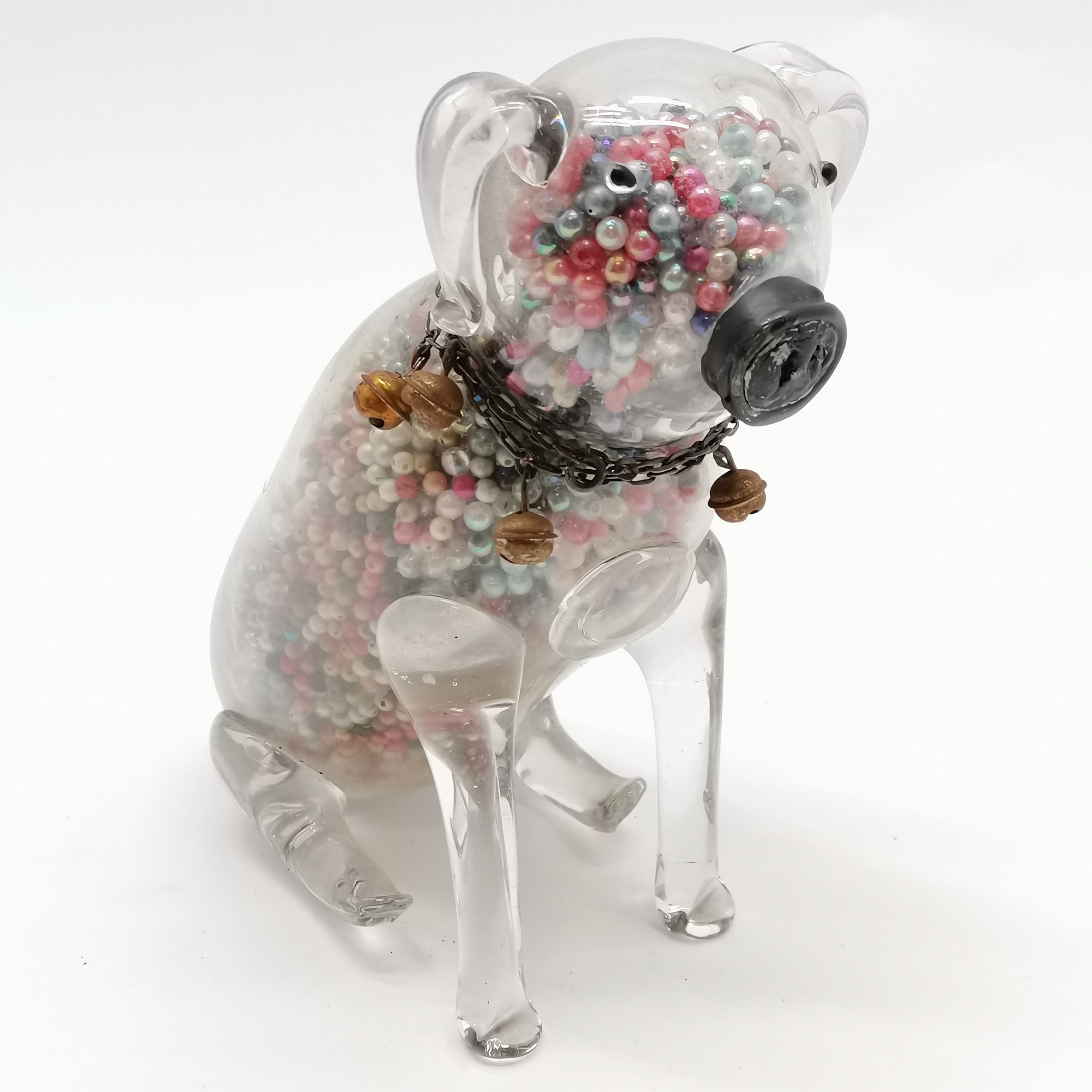 Unusual novelty glass dog figure filled with beads & has a metal chain collar with bells - 18.5cm - Bild 2 aus 4