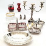 Quantity of plated ware incl. WMF Ikora dish 29cm long, Viners red glass drum shaped condiment