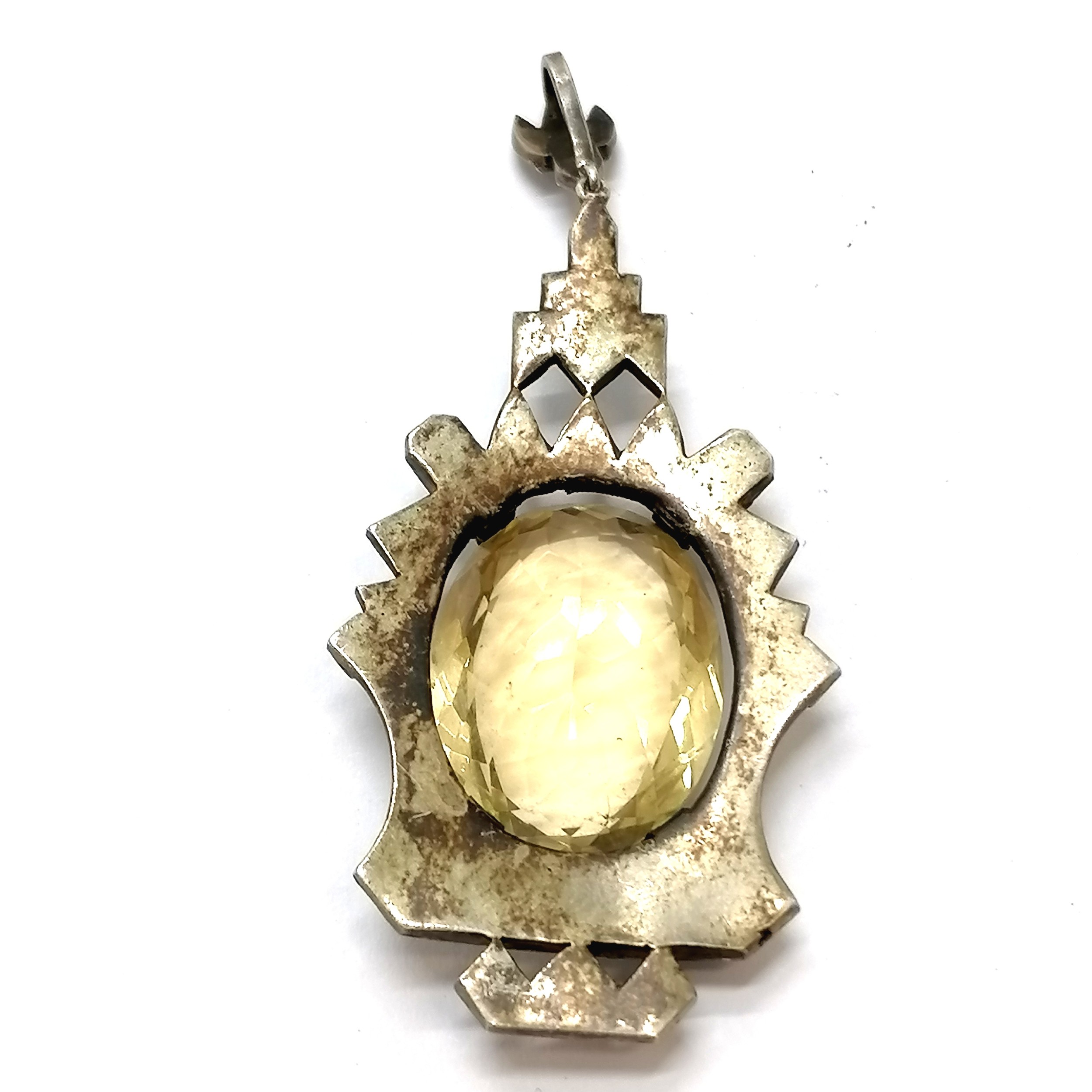 Large unmarked silver antique pendant set with citrine & marcasite - 6cm & 13g total weight & no - Image 2 of 2