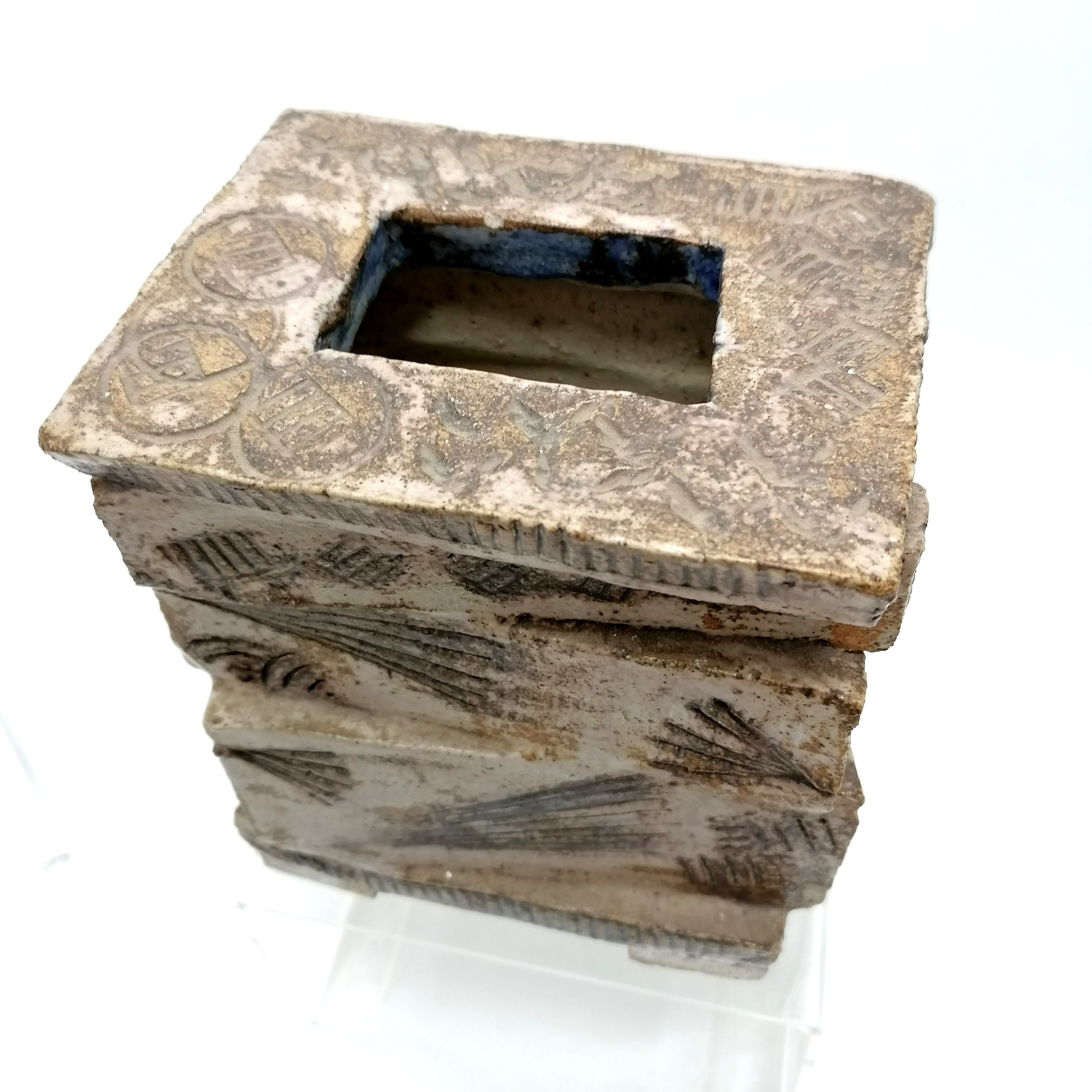 Studio pottery brick style vase, signed CH 248, slight surface chips - 16cm high x 13cm wide x 9cm - Image 2 of 9