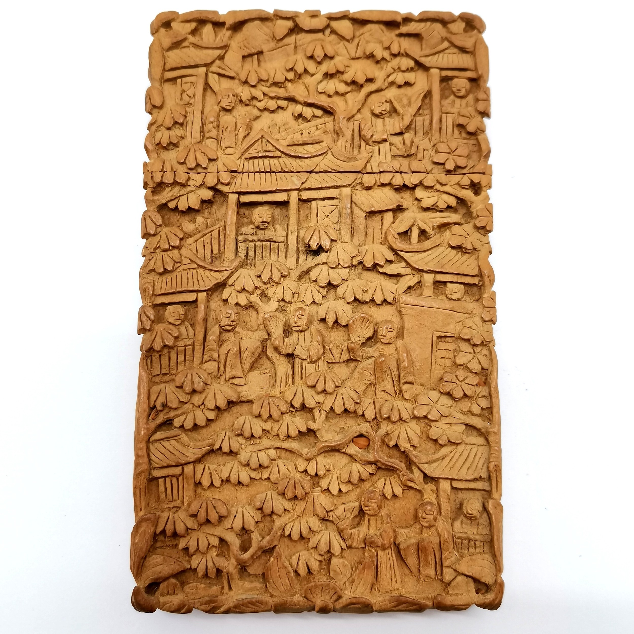 Antique Chinese Cantonese hand carved wooden card case - 9.6cm x 5.6cm & no obvious damage