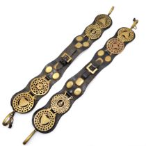 Pair of antique leather horse tack straps with antique brass detail inc acorn - 81cm long - no