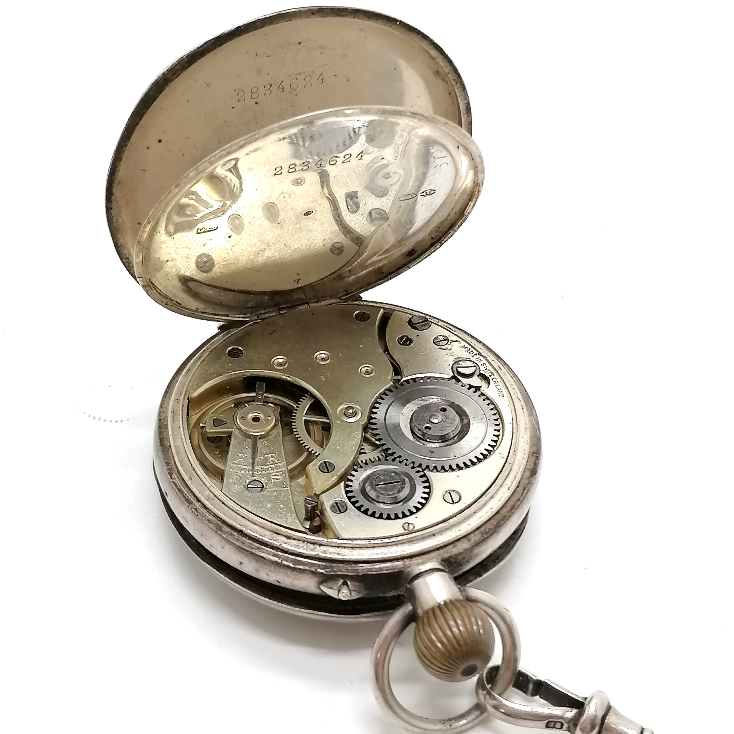 Antique silver cased pocket watch (45mm case) on a silver marked fancy link 34cm albert chain (total - Image 4 of 4