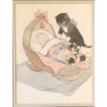 Framed watercolour painting of a child in a crib with a cat and kittens - frame 41cm x 34cm - no