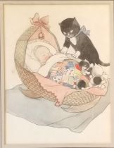 Framed watercolour painting of a child in a crib with a cat and kittens - frame 41cm x 34cm - no