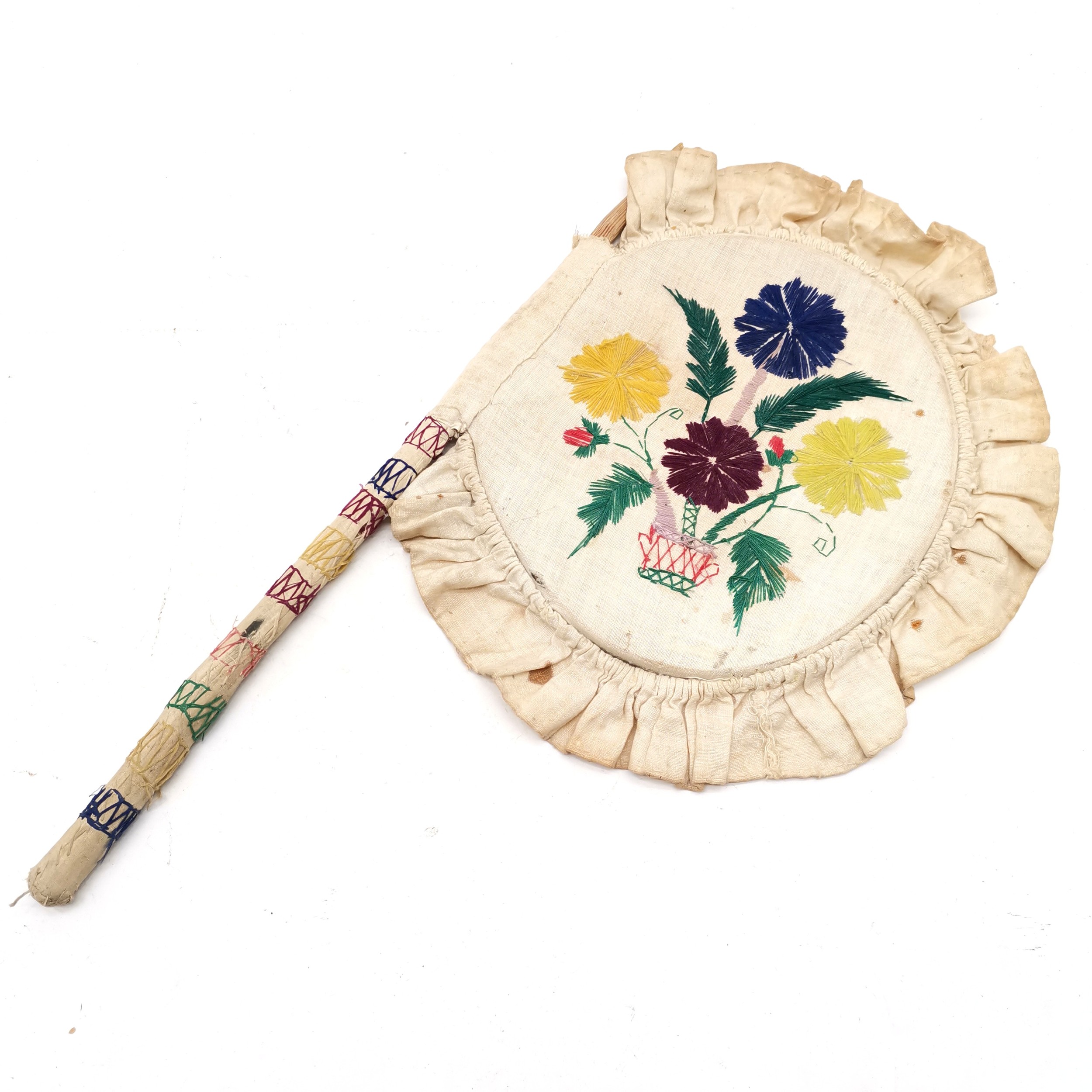 Hand embroidered Indian made fan on wooden shaft - 45cm long & has obvious wear & marks
