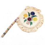 Hand embroidered Indian made fan on wooden shaft - 45cm long & has obvious wear & marks