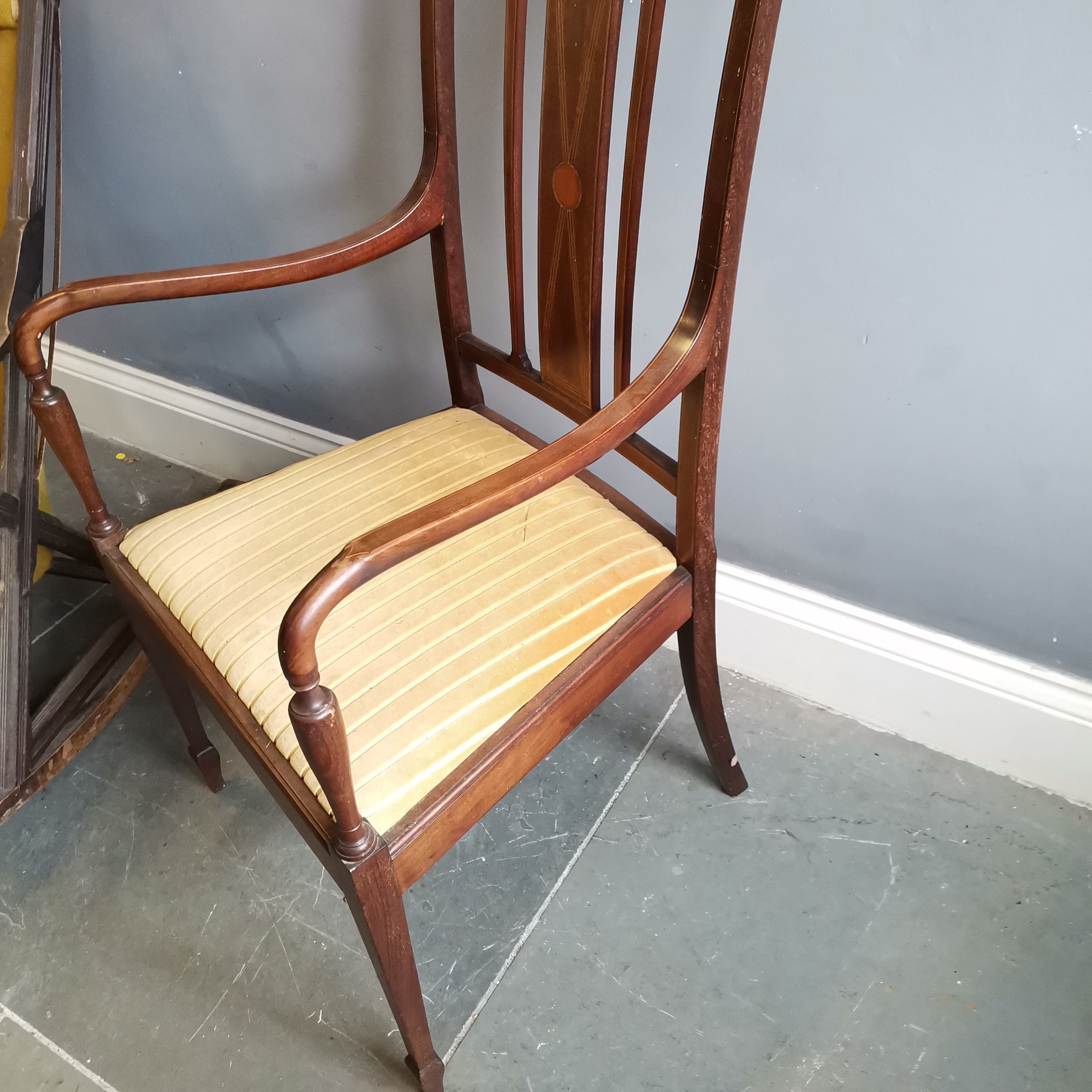 Edwardian mahogany and satinwood inlaid elbow chair, with drop in seat upholstered in a gold - Image 3 of 5