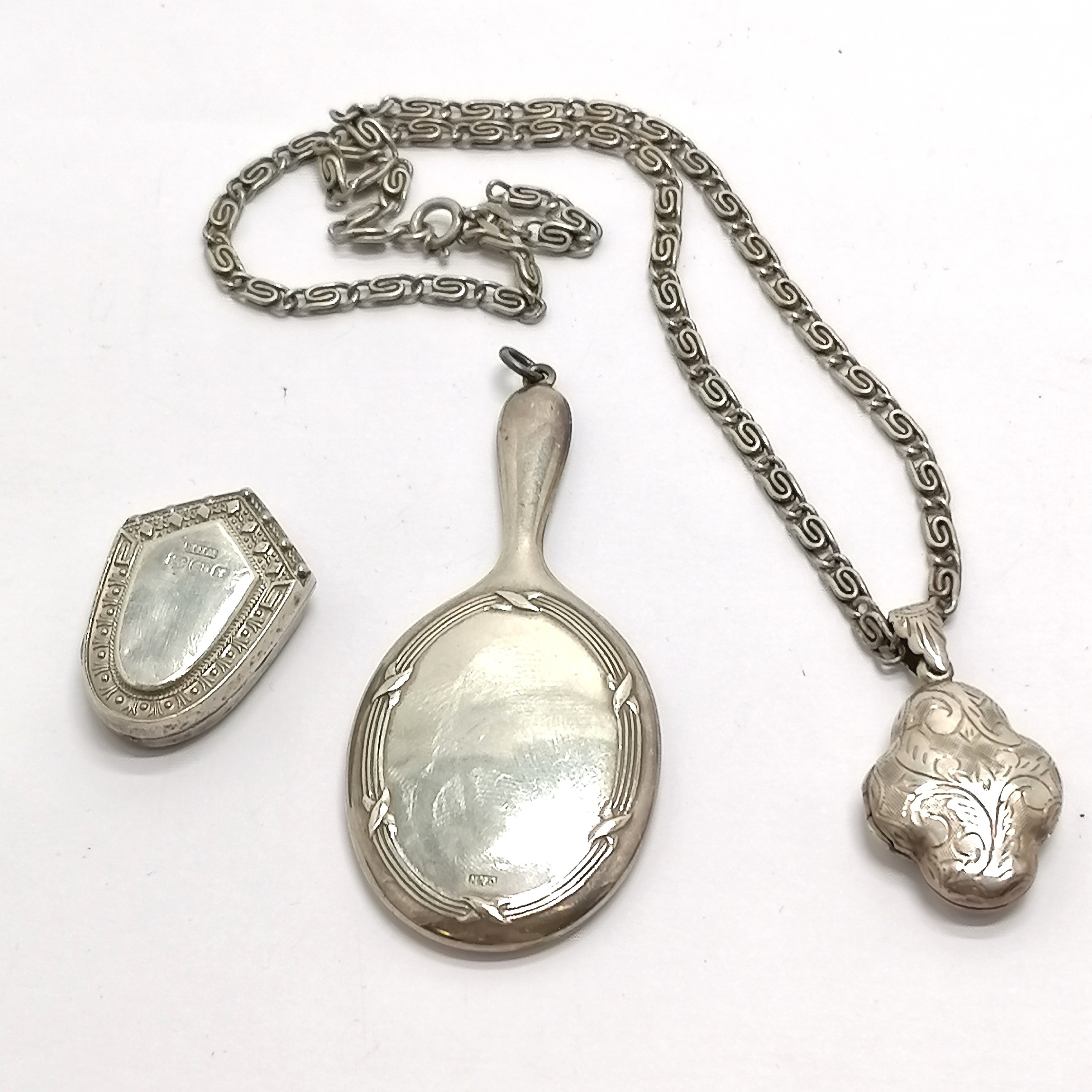 Antique miniature silver hallmarked mirror pendant t/w 2 silver lockets (1 on silver chain) - the - Image 2 of 2