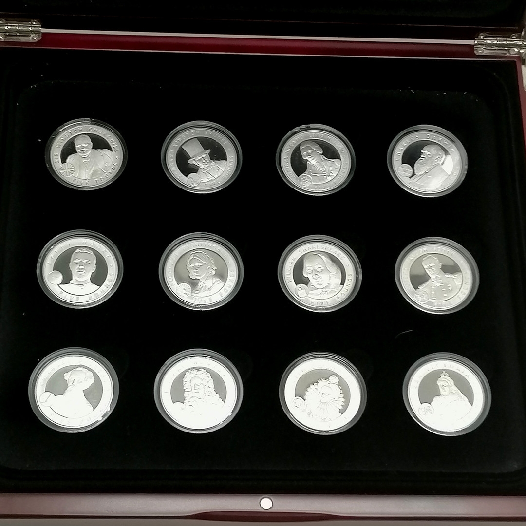 2006 Channel Islands set of 12 x £5 Great Britons silver proof coins in original display case 27cm x - Image 2 of 2