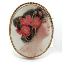 9ct marked gold mounted porcelain panel brooch of lady with flowers in her hair - 5cm drop & 17g