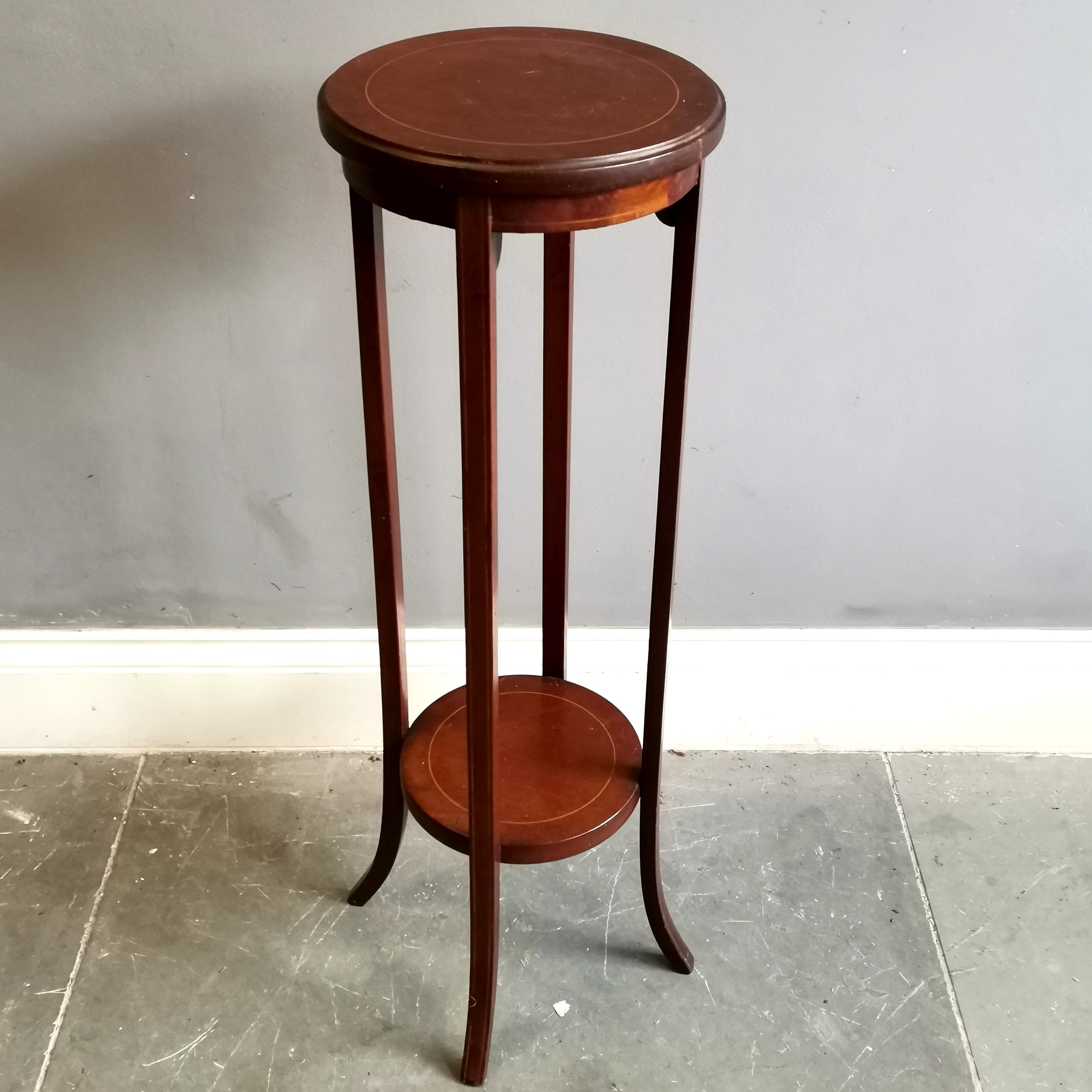 Edwardian 2 tier mahogany and satinwood string inlay circular plant stand on splayed supports, - Image 2 of 3