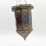 Moroccan style brass hanging lantern, with coloured glass panels with brass fretwork decoration,