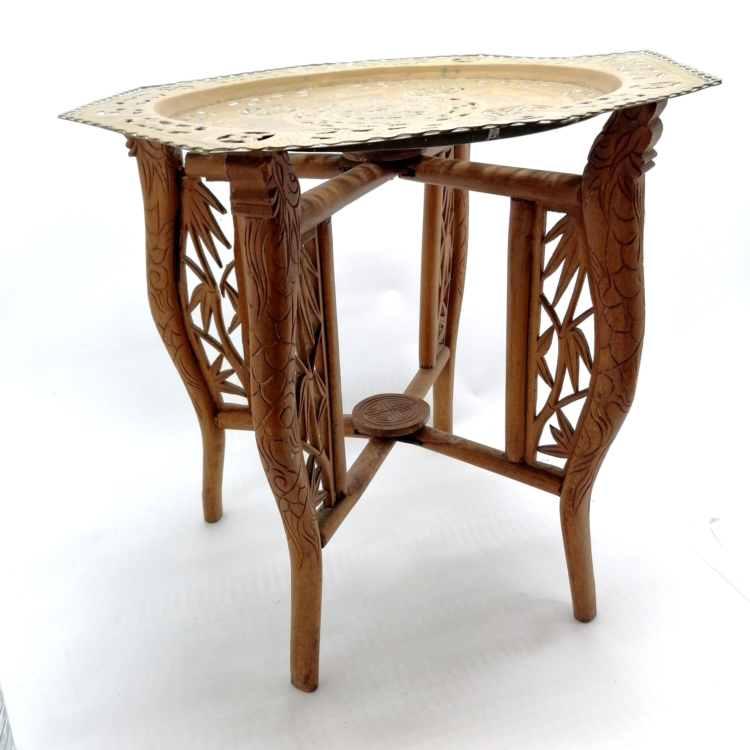 Oriental Chinese octagonal brass topped hand carved wooden folding table - 46cm high & 46cm top ~ - Image 4 of 4