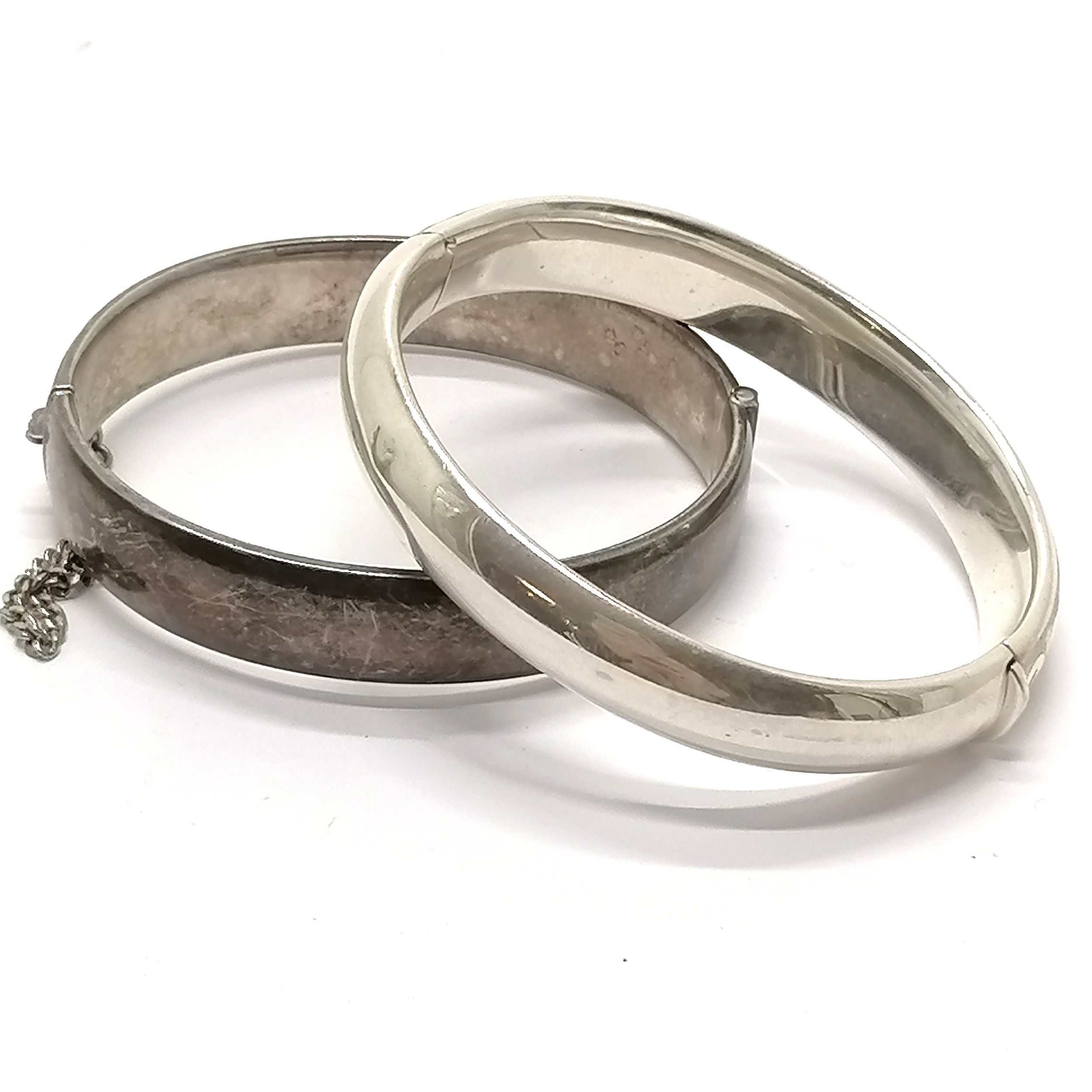 2 x silver hallmarked bangles with engraving to fronts - 52g ~ no obvious damage - Image 2 of 2