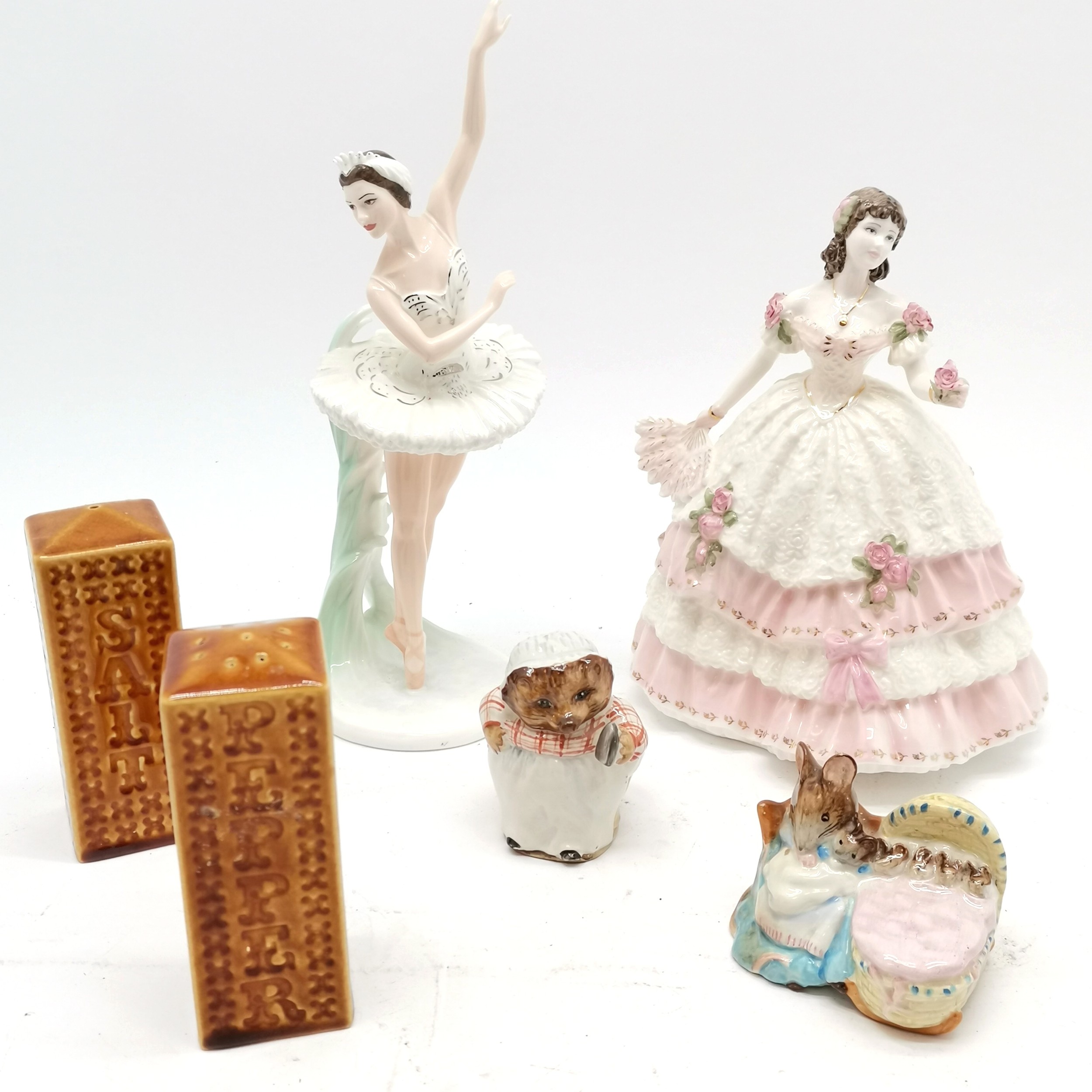 Coalport Margot Fonteyn (29cm), Coalport Olivia, Carlton Ware salt / pepper, 2 x Beswick Beatrix