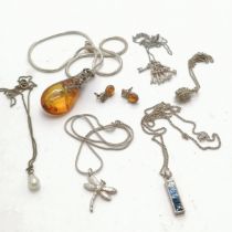 6 x silver necklaces with silver marked pendants - largest amber 6cm drop with matched earrings ~