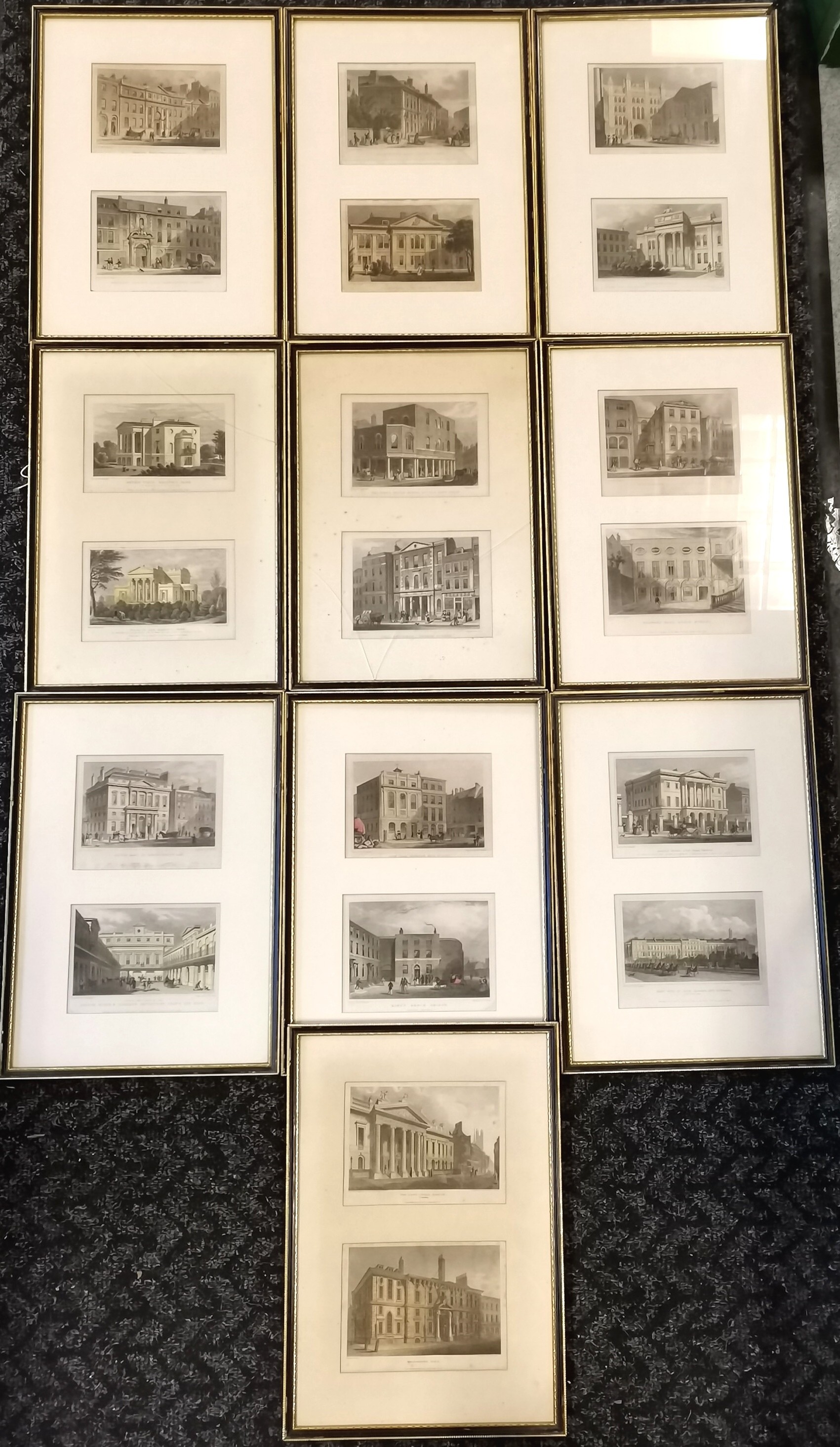 Set of 10 framed engravings of assorted famous buildings in London, to include, Apsley House, Hyde
