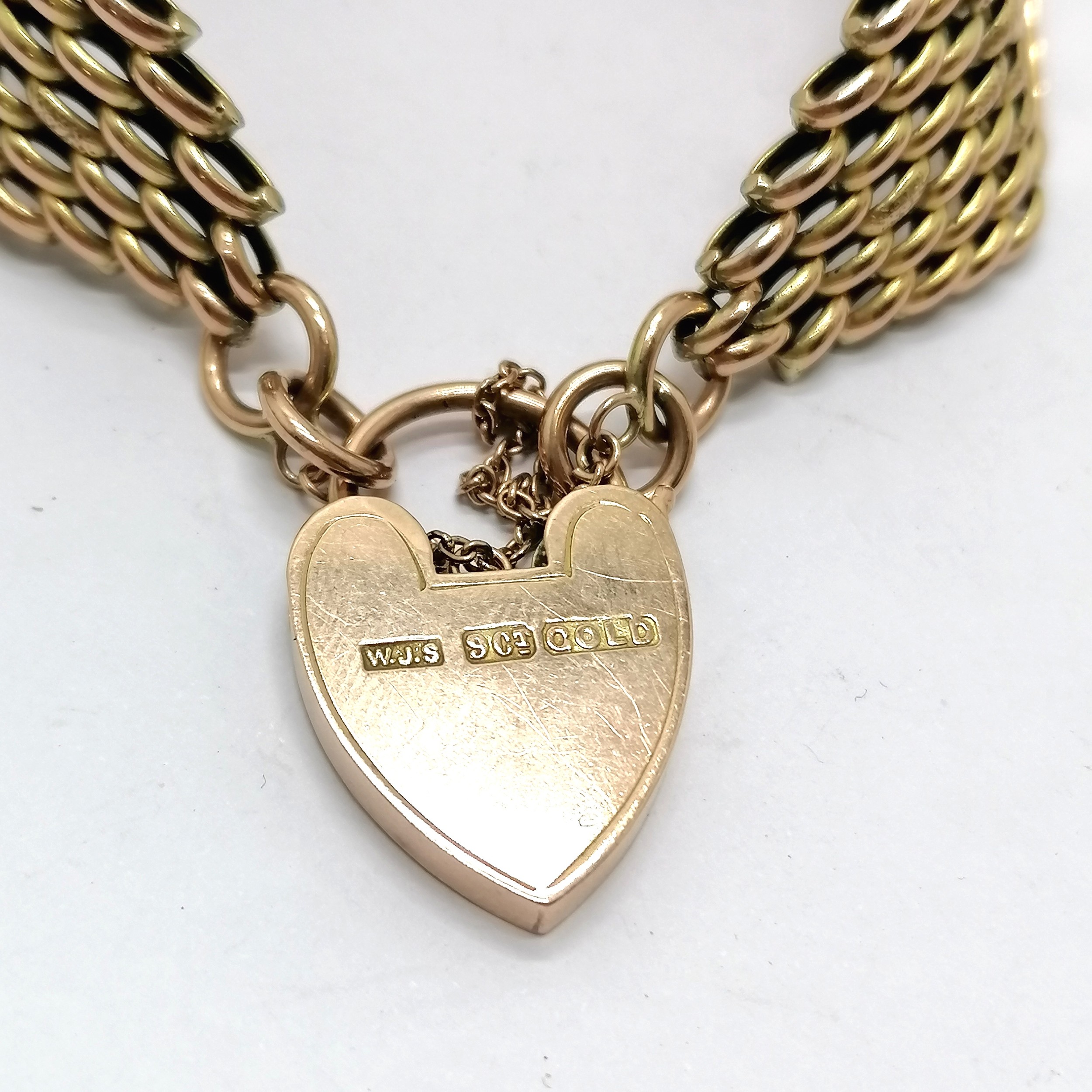 Antique 9ct hallmarked rose gold 7 bar gate link bracelet with fancy links & heart padlock clasp - - Image 2 of 3