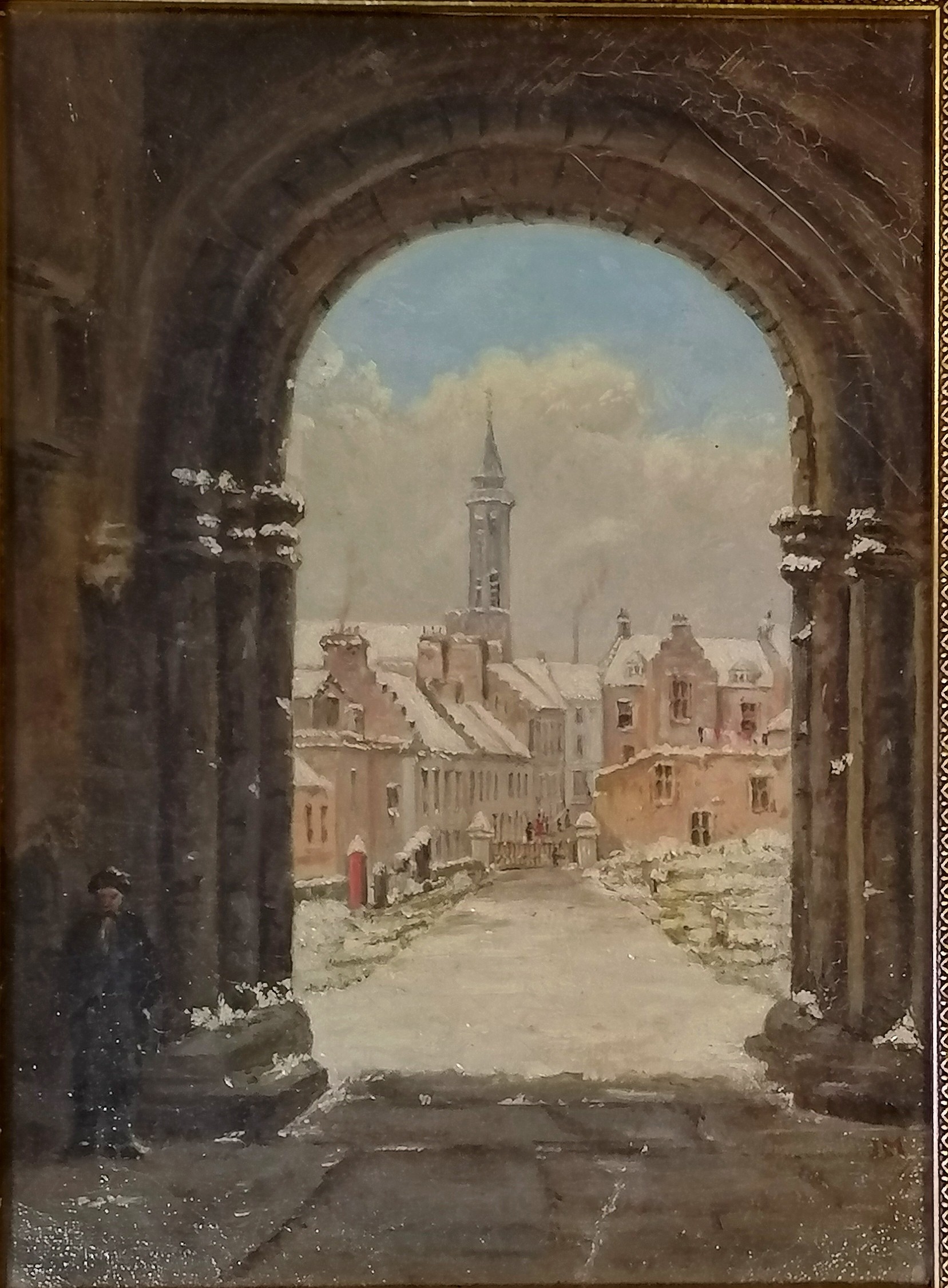 1876 antique oil painting of 'From the north porch Dunfermline Abbey' by JM (Jane Mandeville) - in a