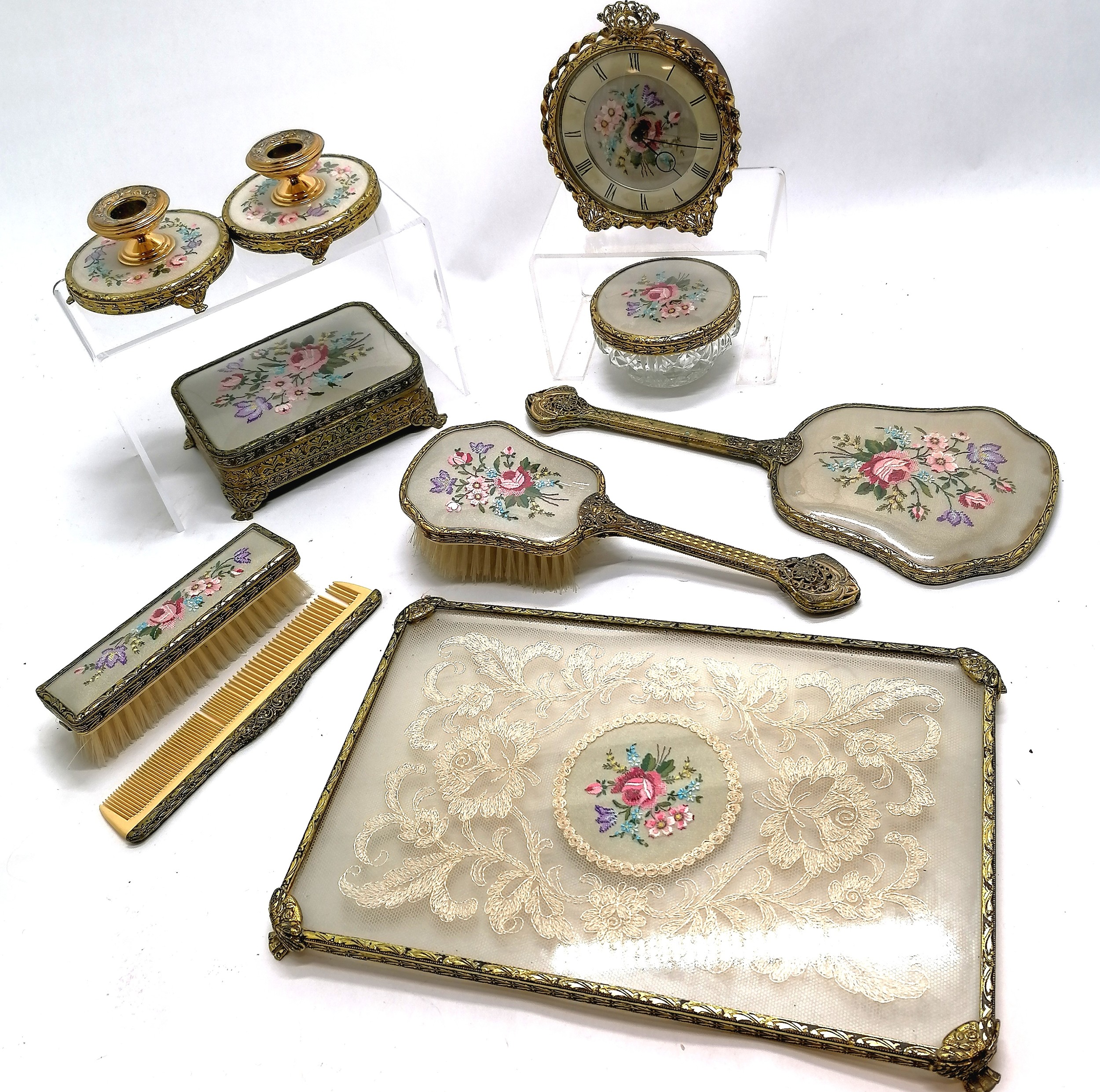 Vintage English dressing table set with embroidery / lace detail on a 32cm x 21cm tray - comb &