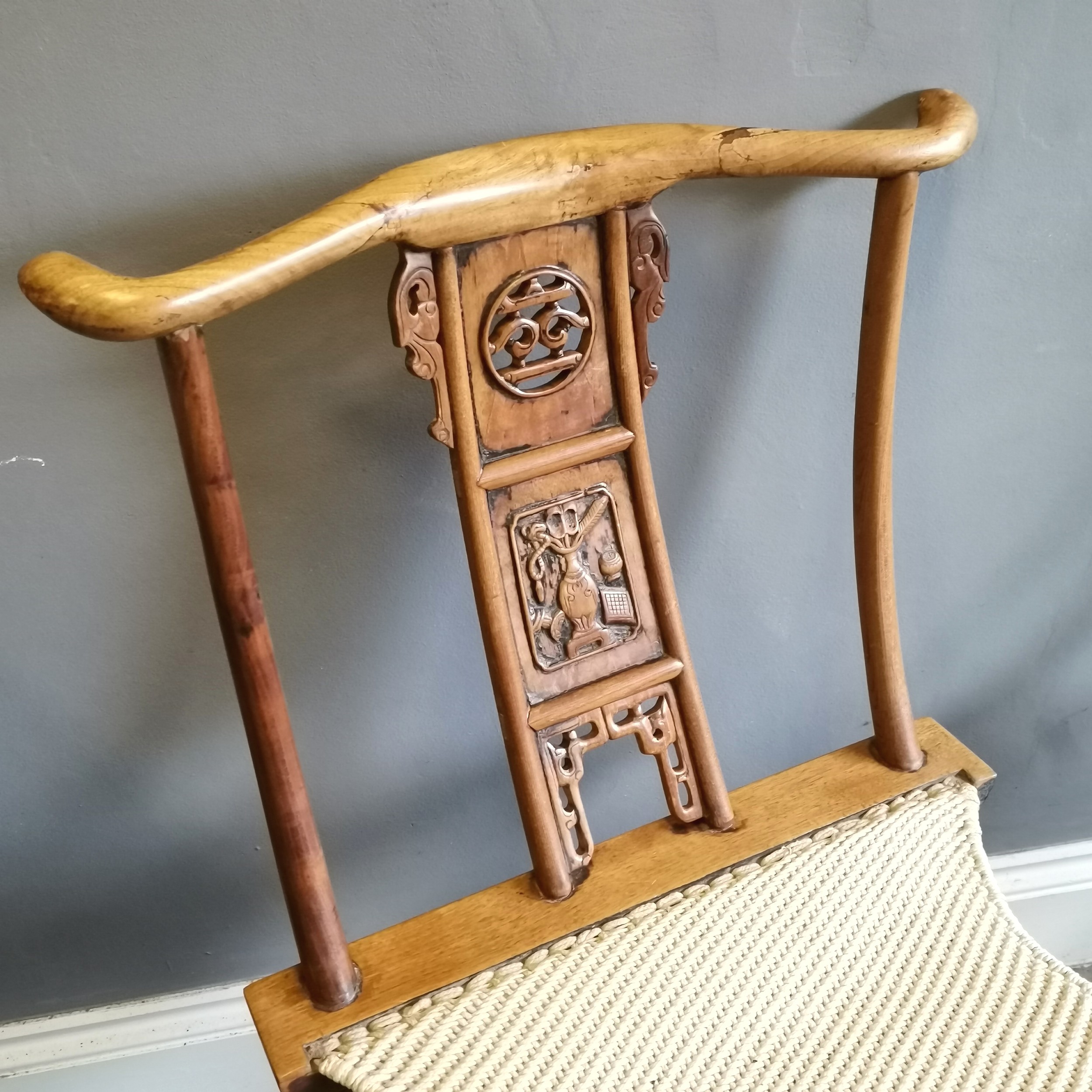 Pair of Chinese folding hardwood carved chairs with sisal seats. H97cm x D41cm x L55cm. In used - Image 6 of 7