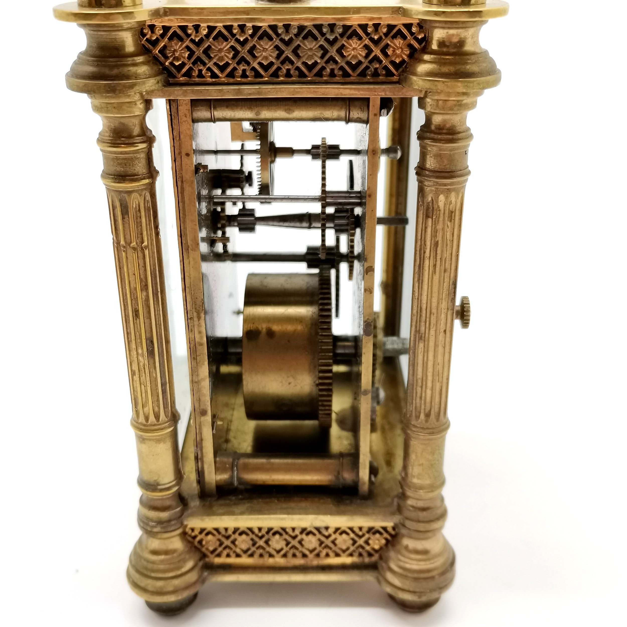 Antique brass cased carriage clock with fluted column detail - 13cm high & running at time of - Image 3 of 5